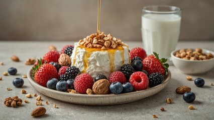 Dessert with whipped cream, berries, nuts, honey, and a glass of milk. Fruit, dairy, and snack concept. Sweet treat and nutritious meal. The idea of dessert and healthy eating.