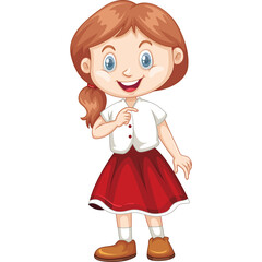 Smiling Young Girl With Brown Hair And Blue Eyes Wearing A White Short Sleeve Shirt And A Red Skirt Standing With A Transparent Background
