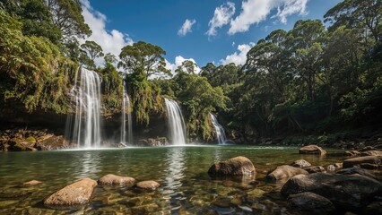 Fototapeta premium Waterfalls and river in lush forest landscape with rocks and green trees under blue sky. Nature and wilderness scenery. Tropical environment and peaceful river view.