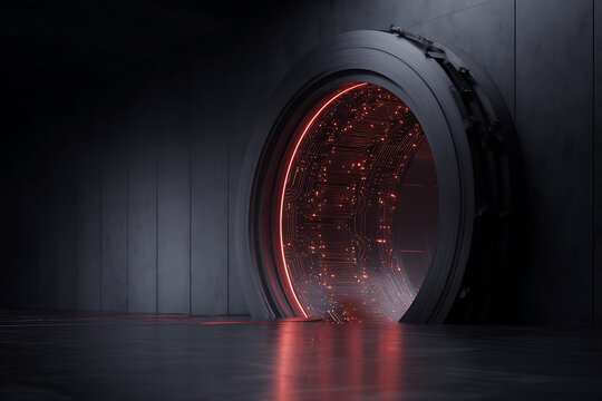 idea metallic vault door with glowing circuitry gives a sci-fi secure data vibe for a cyber vault concept