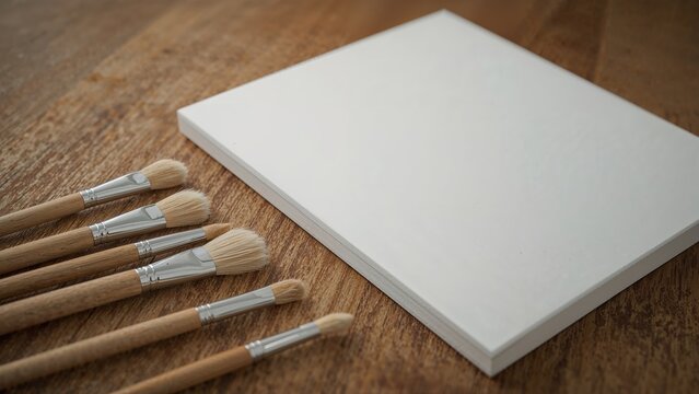 Blank canvas or notepad along with paintbrushes on a wooden surface.