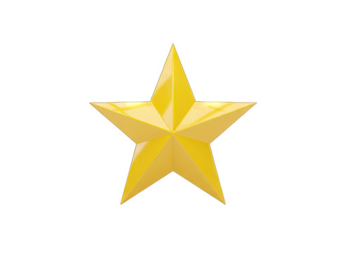 A Gleaming Golden Five Pointed Star Renders with Detailed Facets and Reflective Surfaces Against a Black Background Isolated