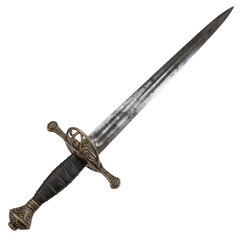 Antique Ceremonial Dagger With Ornate Golden Hilt And Black Wrapped Handle Isolated On A Black Background With Subtle Texture Showing Metal Wear And Damage