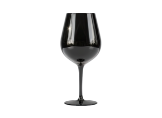 A sleek black wine glass with a transparent background reflecting a subtle outdoor scene suitable for beverage or design concepts