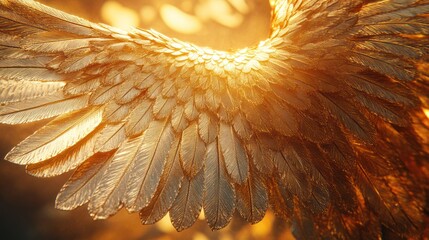 Golden angel wings, sunlight, bokeh background, spiritual concept, faith imagery