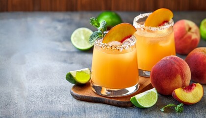 Fototapeta premium peach margarita with peach slices and lime served in a stylish glass rustic background copy space