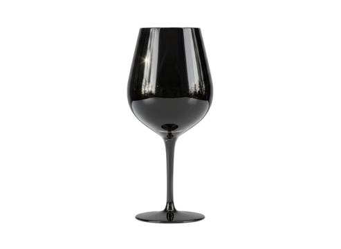 A sleek black wine glass with a transparent background reflecting a subtle outdoor scene suitable for beverage or design concepts