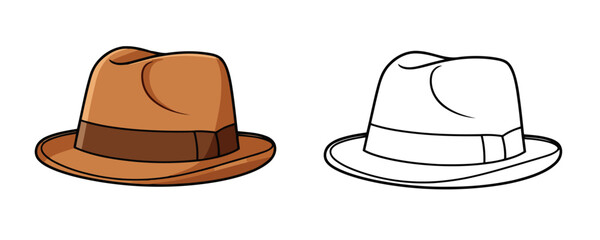 Colored and outline drawing of a classic brown fedora hat illustration with a dark brown ribbon on a white background