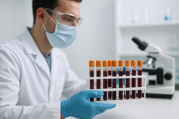 Laboratory technician analyzing blood samples in clinical setting with microscope. concept of medical analysis, healthcare professional, scientific research