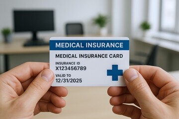 Holding medical insurance card with focus on details in office setting. concept of healthcare coverage, personal identification, financial protection