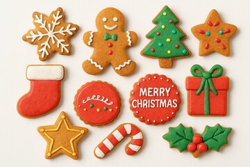 Assorted christmas gingerbread cookies featuring festive designs including snowflake, tree, candy cane. holiday baking, festive treats, celebration Christmas set isolated on white background