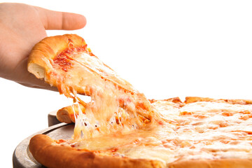 Woman taking slice of tasty pizza margarita on white background