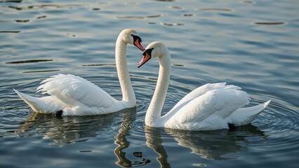 Naklejka premium Two swans on water facing each other with their necks forming a heart shape. Nature and wildlife scene. Peaceful and romantic moment.