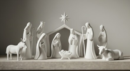 Minimalist white nativity scene set for Christmas decoration. Bethlehem manger with holy family and wise men figures for holiday display.