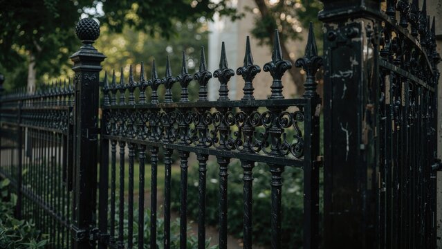 A black wrought iron fence with decorative spikes in a garden or park setting.