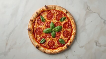 Fresh pizza with pepperoni, basil leaves, and melted cheese on a marble surface.