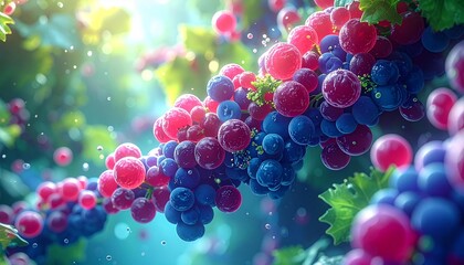 The image displays bunches of plump, glossy red and blue grapes, with soft bokeh lights highlighting their fresh, vibrant