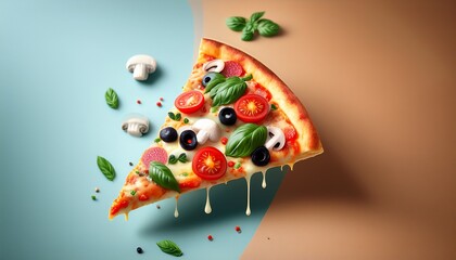 enjoying a creatively crafted low carb pizza slice with fresh toppings on a simple background