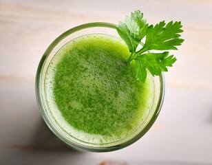 glass of green juice with a sprig of parsley on top