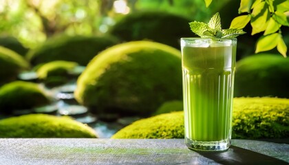 matcha mojito with matcha powder and mint served in a highball glass zen garden background copy space