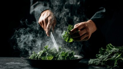 Professional chef in black uniform expertly cooking fresh, vibrant greens with rising steam, creating a healthy and flavorful culinary experience