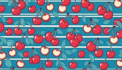 colorful cherry pattern design with alternating blue and cream stripes perfect for textiles and home decor projects