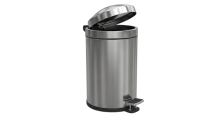 Sleek modern stainless steel pedal bin with open lid on a black background