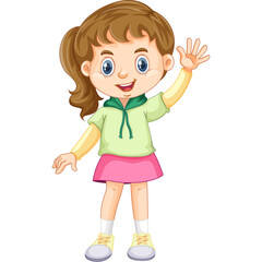 Smiling Young Girl With Brown Hair In A Ponytail Wearing A Green Hoodie And Pink Skirt Waving Hello On A Transparent Background