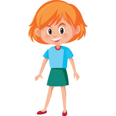 Smiling Young Girl With Short Orange Hair Wearing A Blue T Shirt And Green Skirt Standing On White Background With Transparent Background