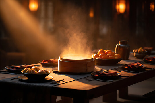 cultural lunar new year traditions, family gathering with lunar new year traditional table, steamed dumplings, oranges, red envelopes, and cozy cinematic lighting
