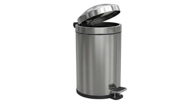 Sleek modern stainless steel pedal bin with open lid on a black background