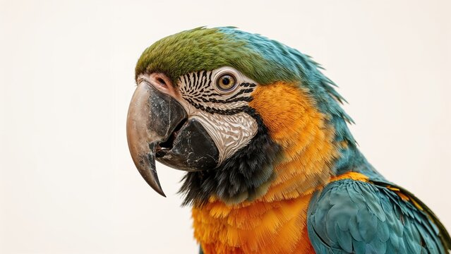 Colorful parrot with green, blue, orange, and black feathers, close-up portrait.
