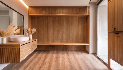 minimalist dressing room with modern wooden wardrobe and wooden floor