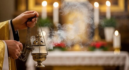 Obraz premium Adult men priest holding censer with smoke. Liturgical ritual during Christian religious ceremony. Sacred object used in church for spiritual worship.