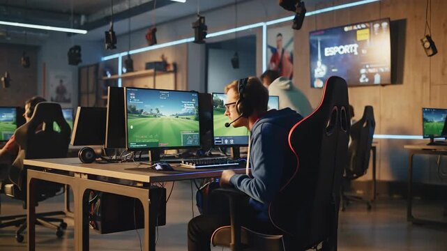 Busy gaming cafe with multiple players at computers.