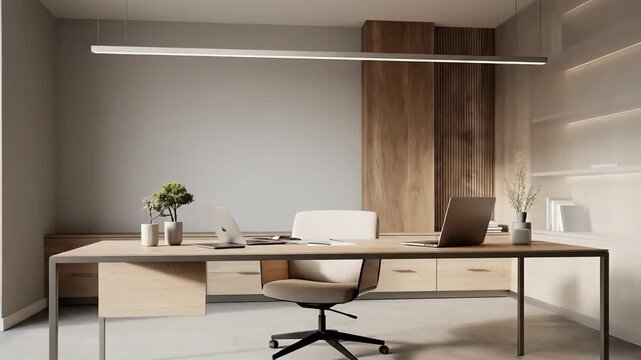 Modern minimalist office workspace with desk and chair.