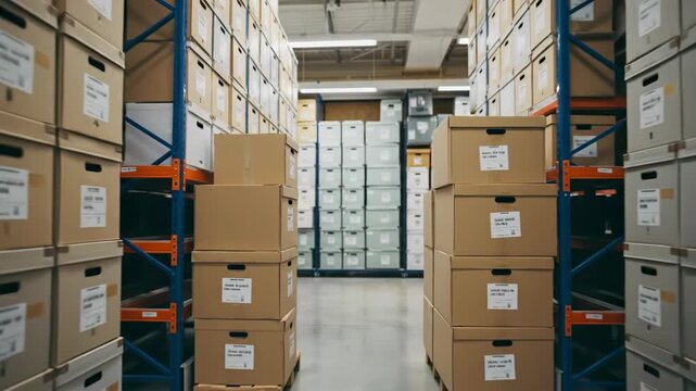 Wide view of crowded warehouse storage with boxes and shelves.