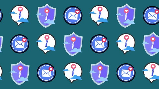 Seamless pattern of email security shield and secure communication icons in a tile background animation. Repeating wallpaper with digital protection, heart message, and cloud email symbols.