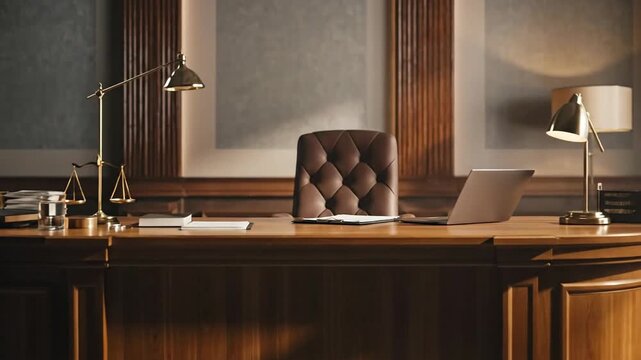 Luxurious wood desk office with leather chair and laptop in muted lighting.
