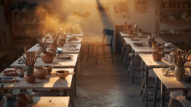 Cozy rustic restaurant interior with long tables and warm lighting.