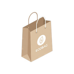 Brown Paper Shopping Bag with White Leaf Logo and Ecobag Text Isometric View on Black Background