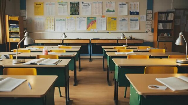 Empty classroom layout with desks and papers.