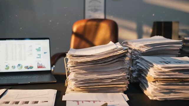 Busy office desk with stacked paperwork and laptop.