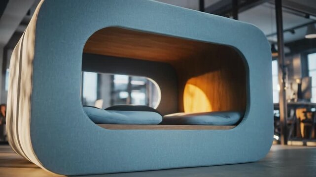 Geometric blue frame sculpture in industrial workshop lighting.