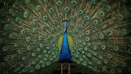 Obraz premium Peacock with vibrant blue and green feathers, displaying its tail feathers in full spread.