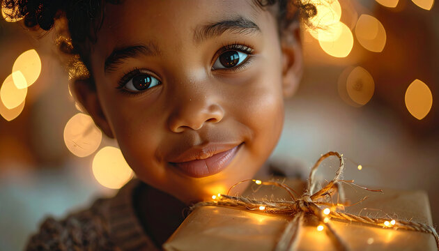 Gleaming Gift of Joy: Capturing the innocent wonder, a young child radiates pure joy while holding a beautifully wrapped gift, illuminated by a warm, enchanting glow. 