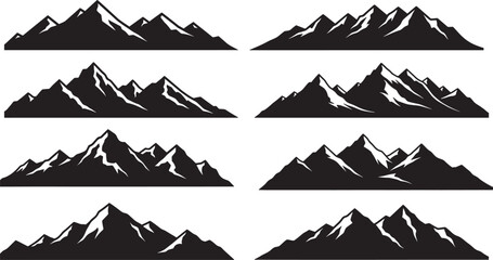 Silhouette illustration of multiple mountain ridge variations with sharp peaks and snow accents, concept of wilderness landscape and natural exploration