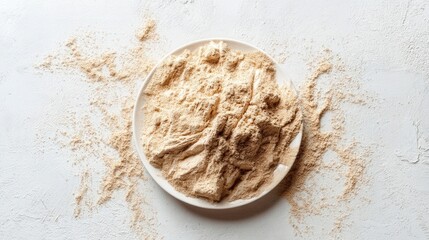 Flat Lay of Fresh Raw Spelt Flour on a Plate with Powdery Texture. Generative AI