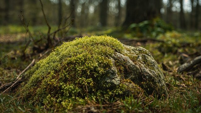 Moss-covered rock in a forest setting.