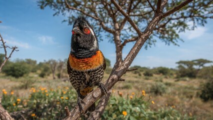 A bird perched on a tree branch in a natural landscape with shrubs and yellow flowers.
